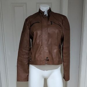 Maralyn & Me Juniors Faux-Leather Cognac Moto Zip Front Biker Jacket Large
